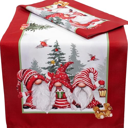 Tischläufer Weihnachten Tischwäsche Wichtel Rot Weiß Tischdecke...