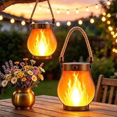 Solar Lanterns Outdoor Waterproof - 2 Pack Flickering Flame Hanging Lights with 2 Modes & Solar USB Dual Charging for Outside Yard Garden Patio Porch Pathway Tabletop Holiday Decor