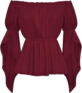 SCARLET DARKNESS Women Victorian Tops Off Shoulder Ruffle Long Sleeve Elastic Waist Renaissance Blouse