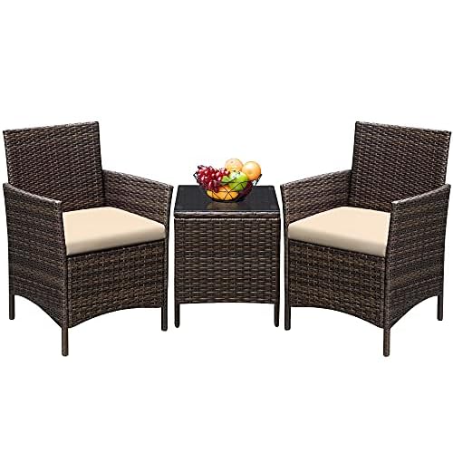 Greesum 3 Pieces Patio Furniture Sets Outdoor PE Rattan Wicker Chairs with Soft Cushion and Glass Coffee Table for Garden Backyard Porch Poolside, Brown and Beige