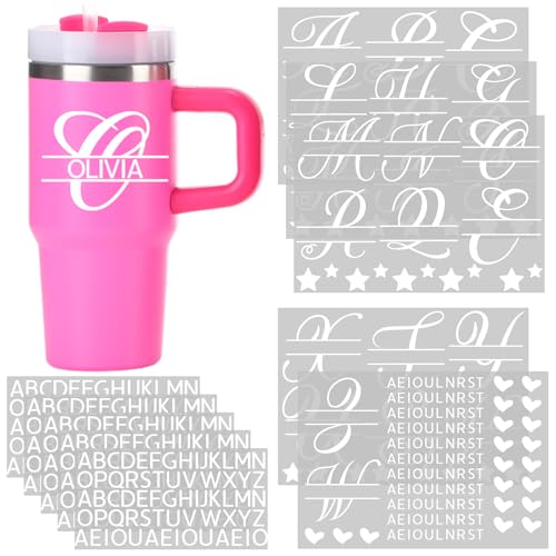 Affrolling 10 Sheets Vinyl Letter Stickers Personalized 14-24 oz Tumbler UV Name Sticker Decals Monogram UV Dtf Cup Wrap Letter Sticker Decal Monogram Mugs Waterproof Decals for Laptops(White)