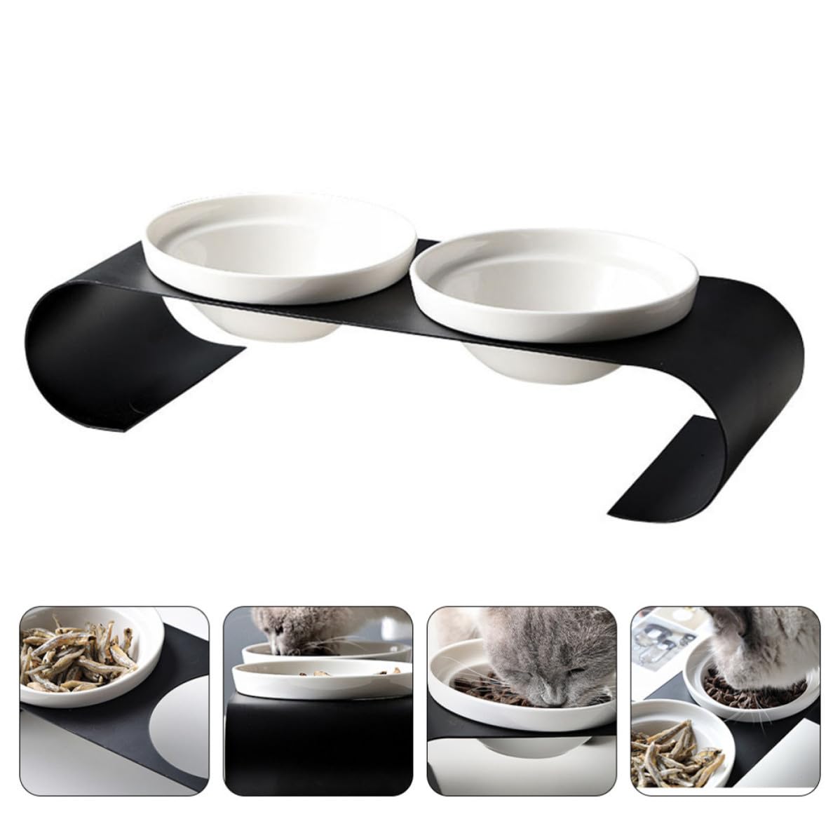 Mikikit Gamelle pour Chat en Céramique Blanche Double Bol Surélevé et Support en Fer Robuste, Design Simple et Pratique pour Animaux de Petite Taille