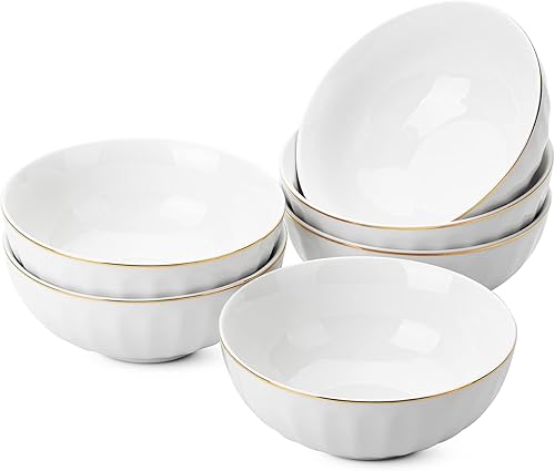 BTaT - Tazones de porcelana blanca con borde dorado, juego de 6, 16 onzas, cuencos profundos para cereales, ensalada, sopa