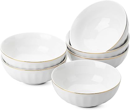 Brew To A Tea BTaT- Soup Bowls, Set of 6, 16 Ounces, White Porcelain with Gold Trim, Bowls for Kitchen, Kitchen Bowls, Salad Bowls, White Bowls, White Cereal Bowls, Breakfast Bowls, Bowl Set