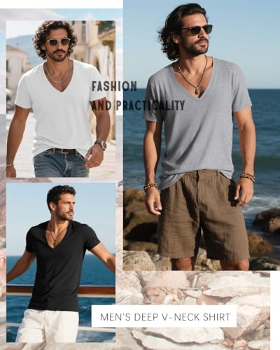 Huukeay 3 Pack Deep V Neck T-Shirts for Men Big and Tall Short Sleeve Tee Tops Slim Fit Casual Low Cut Shirts4
