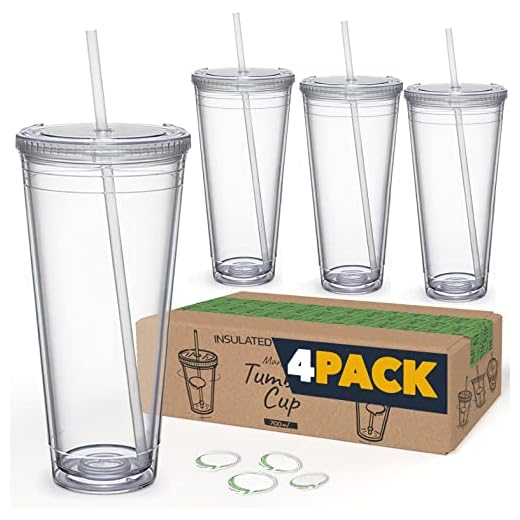 4 Vasos Plastico Reutilizables con Tapa y Pajita. Taza de Plástico con Doble Pared 700 ml, Vaso plastico duro con pajita y tapa libre de BPA. Marfrand