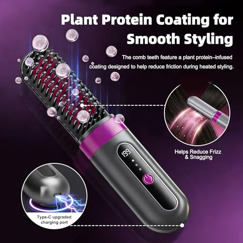 Image of Cordless Hair Straightener Brush for Women, Fast Heating Anti-Frizz Hair Styling Tool, 3 Heat Settings, 300M Negative Ions, Portable Rechargeable Straightening Brush for Travel & Daily Use