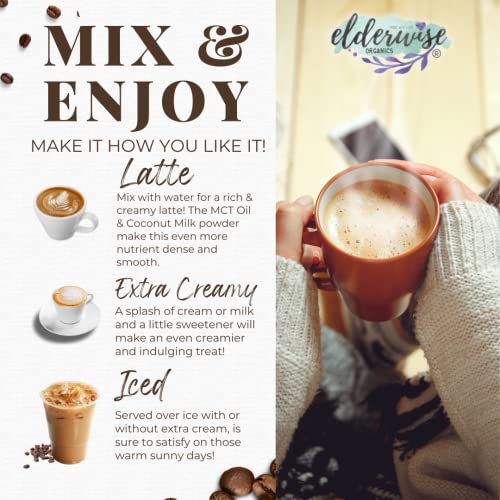 Elderwise Organics Coffee - Latte - Lion's Mane, Chaga, Reishi, Cordyceps, MCT Oil, Coconut Cream & Sea Moss - 12 Servings - Freeze Dried Instant Coffee - Chemical free - Fair Trade - Image 4