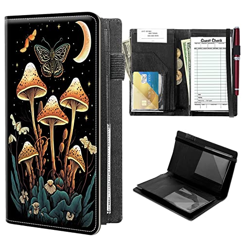 High Volume Server Books, Mushroom Moth Moon Server Book w/ 2 Expandable Pockets 9 x 5 Cute Waitress Book Zipper Pocket & Strap Closure Waitstaff Organizer Server Booklet Waiter Money Wallet