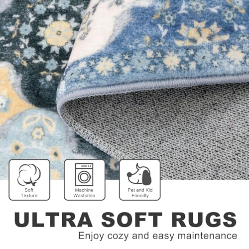 KILOCOCO 2x5 Runner Rug, Moroccan Super Soft Washable Hallway Entryway Runner Rug, Accent Print Faux Wool Kitchen Runner Rug 5 Feet Non-Slip Runners Boho Rug Runners for Bedroom, Blue/Yellow/Multi