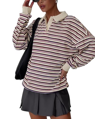 REORIA Oversized Sweatshirt for Women Teen Girls Trendy Fall Fashion 2025 Y2k 90s 80s 70s Vintage Tee Shirts Striped Long Sleeve Pullover Rugby Shirt Tops Clothes Red Blue Striped Medium