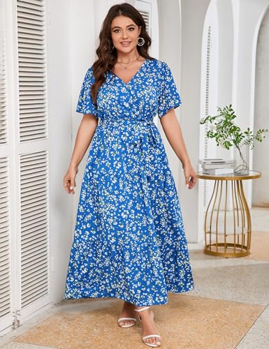 Image of ShopWonder Womens Plus Size V Neck Wrap Maxi Dress High Waist Ruffle Summer Casual Dress with Belt