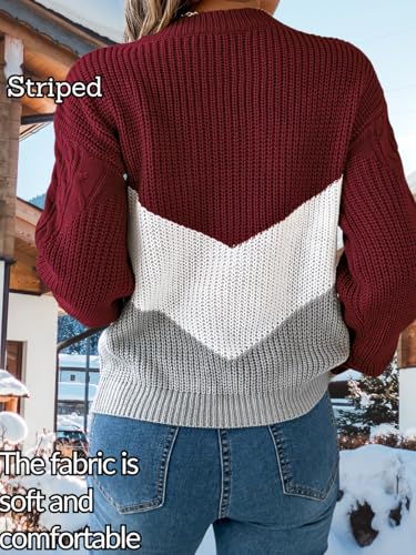 Women Fashion Cable Knit Sweater, Crochet Crewneck Pullover Striped Color Block Top, Trendy Fall Winter Daily Clothes3