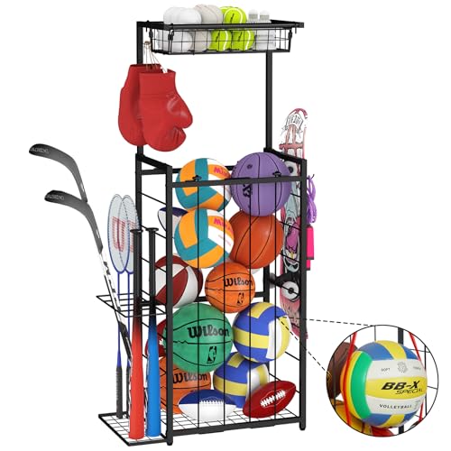 Sports Equipment Organizer, Small Garage Ball Storage Rack with Elastic Straps and 3 Hooks, Garage...