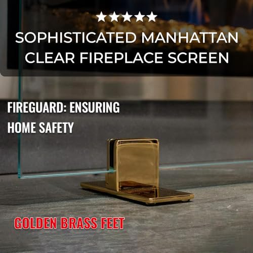 Image of AMS Fireplace | Manhattan Modern Freestanding Frameless Clear Glass Fireplace Screen with Golden Brass Feet Base (Small Size: 36 inch W X 26 inch H)