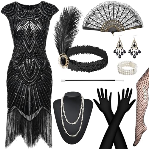WEARXI Karneval Kostüm Damen, 20er Jahre Kostüm Damen Karnevalskostüme, Gatsby Charleston Kleid 20er Jahre Accessoires, Pailletten Perlen Fransen...