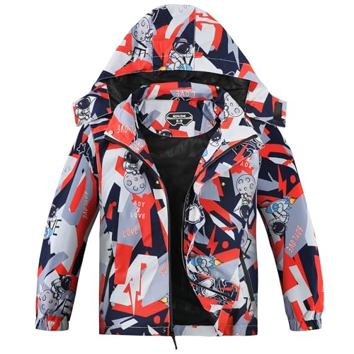 BOYLOVE Boys Girls Waterproof Raincoats for Lightweight Soft Mesh Lining Kids Windproof Jacket with Hood Easy to Fold (10 12 Astronaut Red)