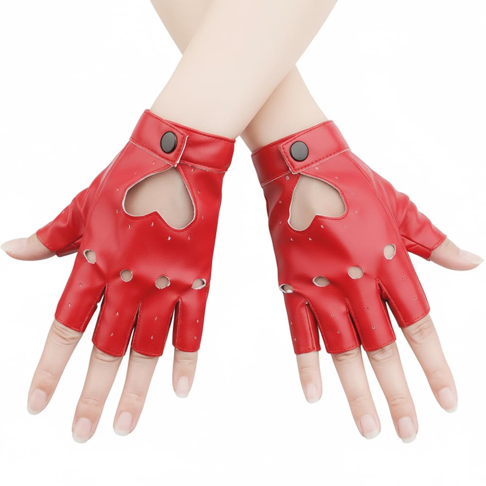 1 Pair Red Fingerless Gloves, Faux Leather Half Finger Biker Punk Gloves for Cosplay, Performance, Halloween and Fancy Dress