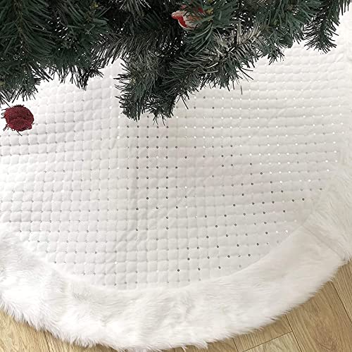 Deggodech Weiß Weihnachtsbaum Röcke , 122cm Plüsch Kunstfell Weihnachtsbaumrock Luxus Runde Form Christbaumständer Baum Decke für Weihnachten Neujahr Party Dekorationen (Weiße Pailletten, 48 inches) Cover