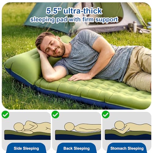 Image of Camping Sleeping Pad 5.5 inch Thick with Pillow & Built-in Foot Pump