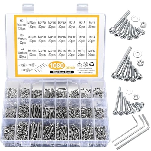 ALMEKAQUZ Socket Cap Screws M4 M3 M2 Screws Bolts Nuts Washers Assortment Set 304 Stainless Steel Metric Hex Socket Head Cap Screws Kit with 3 Wrench Nuts and Bolts Assortment Kit (Pack of 1080)