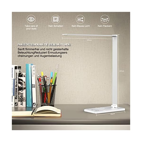 TOVXAFUR LED Schreibtischlampe 5 Lichtfarben und 4 Helligkeitsstufen Dimmbare Memory Funktion USB-Anschluss für Büro… – Bild 7