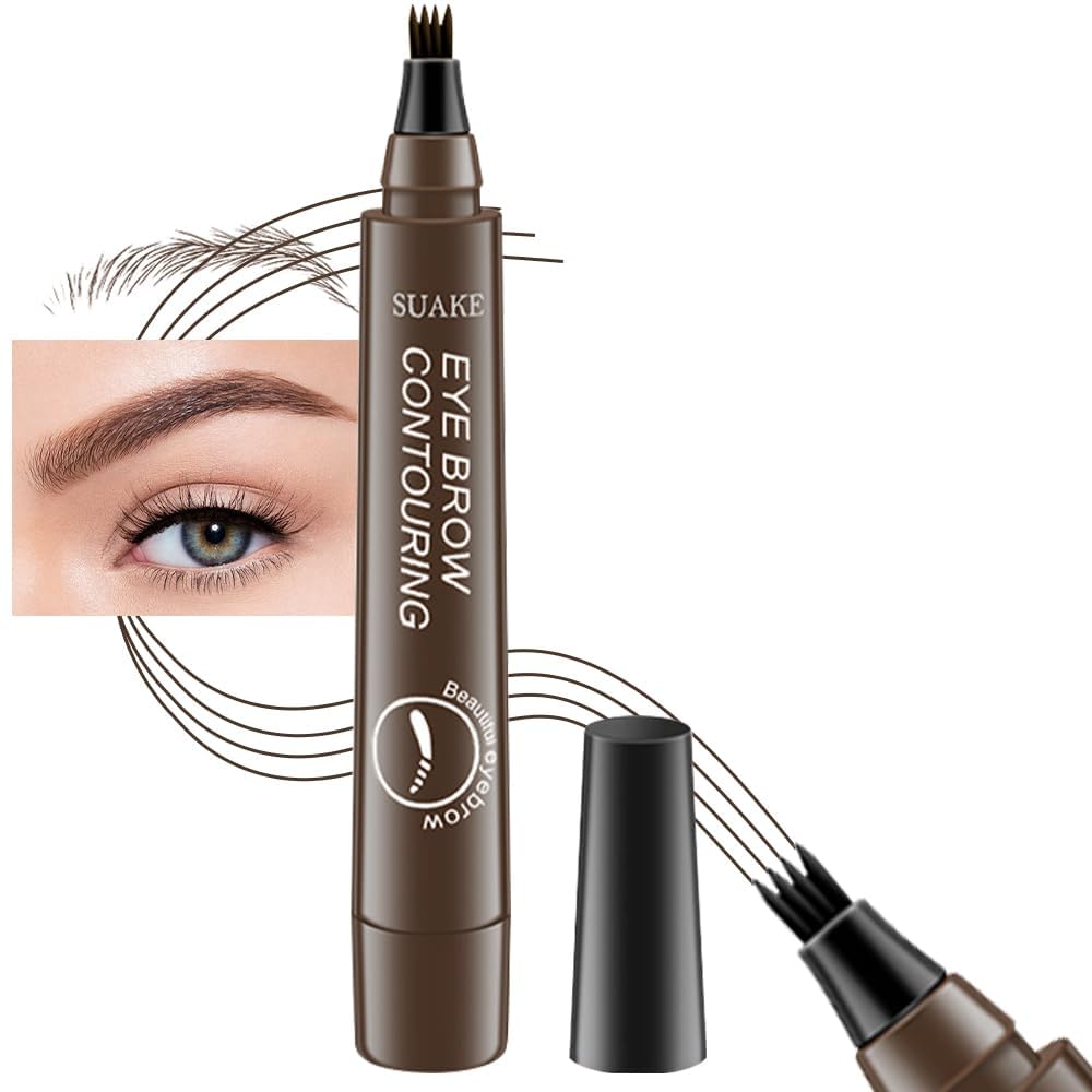evpct 1Pcs Dark Brown Magic Microblading Eyebrow Contouring Pen Pencil, 4 Tipped Precise Brow Pen with Sponge Micro-Fork Tips Applicator, Create