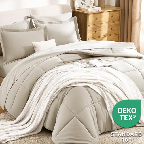 CozyLux Oatmeal Queen Comforter Set with Sheets - 7 Pieces Bed in a Bag Queen Bedding Sets, All Season Soft 7PC Bed Set with Oatmeal Comforter, Flat Sheet, Fitted Sheet, Pillowcases & Pillow Shams - Image 4