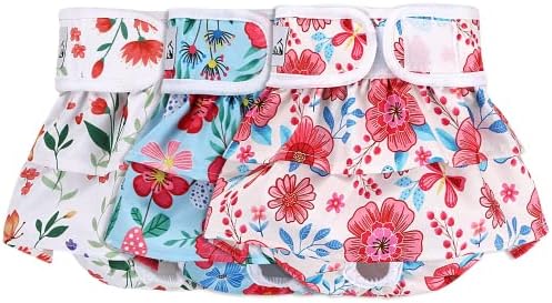 SlowTon Washable Dog Diapers Female - 3 Pack No Leak Reusable Doggie Puppy Diaper with Adjustable Buttons, Comfortable Female Dog Diapers for Heat Cycle Period Small Medium Large Dogs(Flower XS)