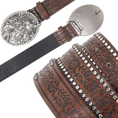 UTOWO Women Western-Cowboy-Belt with Diamond Flower-Buckle Rhinestone Cowgirl Belt Carved Pattern PU-Leather Belt for Jeans4