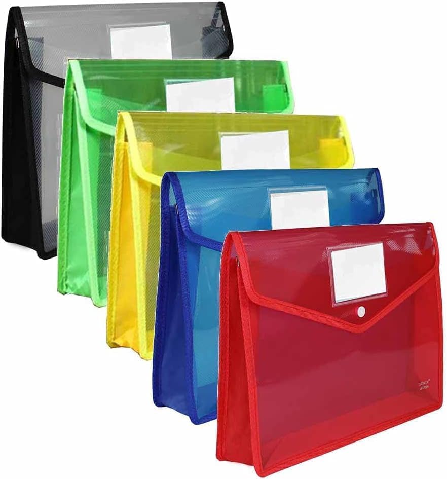 ANG A4 Plastic File Folder Poly Envelope Expanding File Wallet Document Organizer with Snap Closure & Label Pocket Clear Coloured Waterproof Accordion File Pouch for Office Home Storage- Set of 2