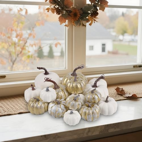 Image of winemana 16 Pcs Golden and White Pumpkins Fall Decorations for Home | Assorted Sizes, Artificial Foam Pumpkin, Thanksgiving Table Decorations, Harvest Autumn Decor, For Indoor Home Kitchen Mantle