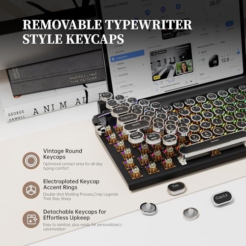 Image of 7KEYS Typewriter Keyboard Wireless Retro Style, Vintage Classical Mechanical Keyboard with Bluetooth for IPAD PC /Laptop Mac /Phone (Black+Wrist)