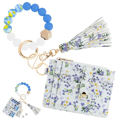 Image of KNGITRYI Wristlet Wallet for Women,RFID Keychain Wallet with Beaded Strap | 8 Card Slots,ID Window,Zipper Pocket,Leather Tassel,Compact Design