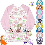 Oscolewis Personalized Art Smock with Name Toddler Smock Waterproof Long Sleeve for Artist Washable Painting Apron with 3 Pockets