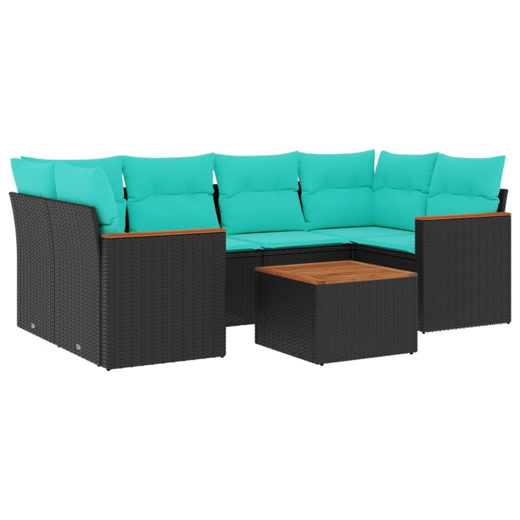 Set Divani da Giardino 7 pz in PE Rattan Nero con Tavolo | Salotto modulare per terrazzo e patio con cuscini blu sfoderabili e telaio in acciaio per momenti di relax all'aperto.