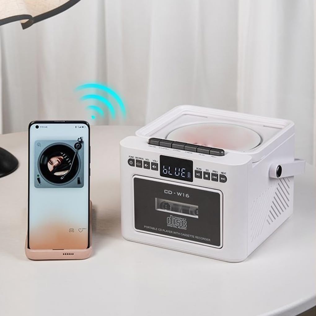 Lettore CD con Bluetooth e doppi altoparlanti, schede TF, modalità unità USB, telecomando, radio FM, AUXS 11H Ultras Long, bianco, Nessuna funzione nastro