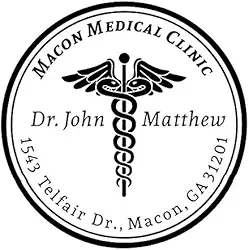 Selo Médico Redondo Personalizado com Caduceu - Nome da Clínica, Nome do Dr. e Endereço - Vermelho, Azul, Preto, Verde, Roxo, Marrom