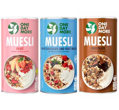 OneDayMore Viele Früchte Schoko Müsli Mix | 1200g Viele Früchte Haferflocken Musli | Fit Schokolade Muesli Essen Frühstück 100% Natürlich | Musli 3-pack