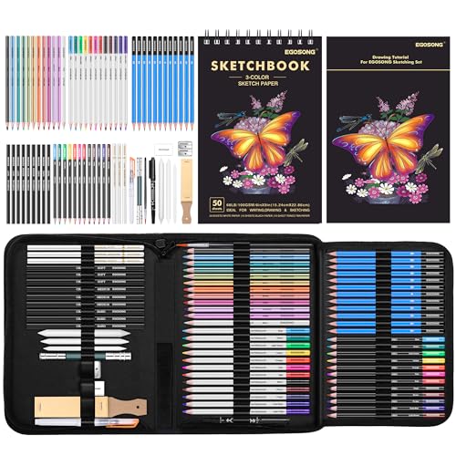 EGOSONG Juego de arte de suministros de dibujo profesional, kit de bocetos de 73 piezas con tutorial de cuaderno de bocetos, carbón de grafito y lápices de colores metálicos de acuarela, kit de artista para principiantes, adultos, adolescentes