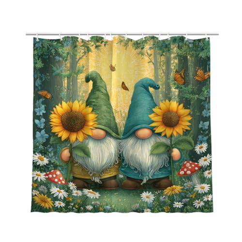 UPUPGOGOGO Garden Gnome Shower Curtain with Sunflowers Butterflies and Mushrooms Polyester 72x72 Inch Includes 12 Hooks