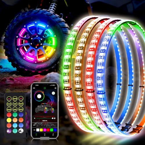 Viswiker 4PCS 17 Inch Chasing Color and Pure White LED Wheel Ring Light with Turn Signal and Braking Function, Can Controlled by Remote and APP, Single Row Rim Lights for Truck, Vehical, Offroad