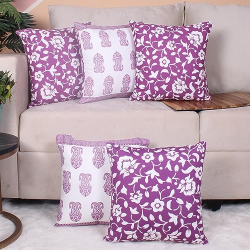 STITCHNEST Both Side Block Print Pleasing Paisley Pink Cushion Cover Set of 5 (16 x 16 Inches)