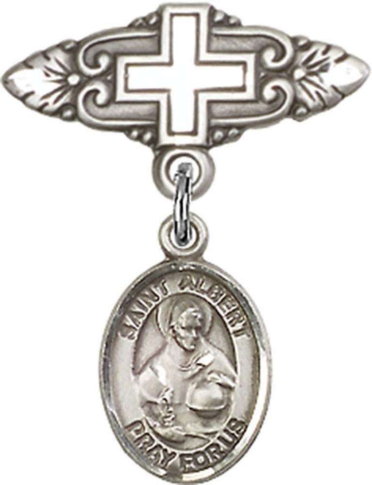 Jewels Obsession Baby Badge with St. Albert the Great Charm and Badge Pin with Cross | Sterling Silver Baby Badge with St. Albert the Great Charm and Badge Pin with Cross - Made In USA