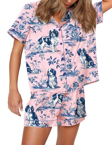 Image of SHESHOW Satin Pajamas for Women Set Preppy Animals Pjs Short Sleeve Shorts 2 Piece Loungewear Sets XS-XXL