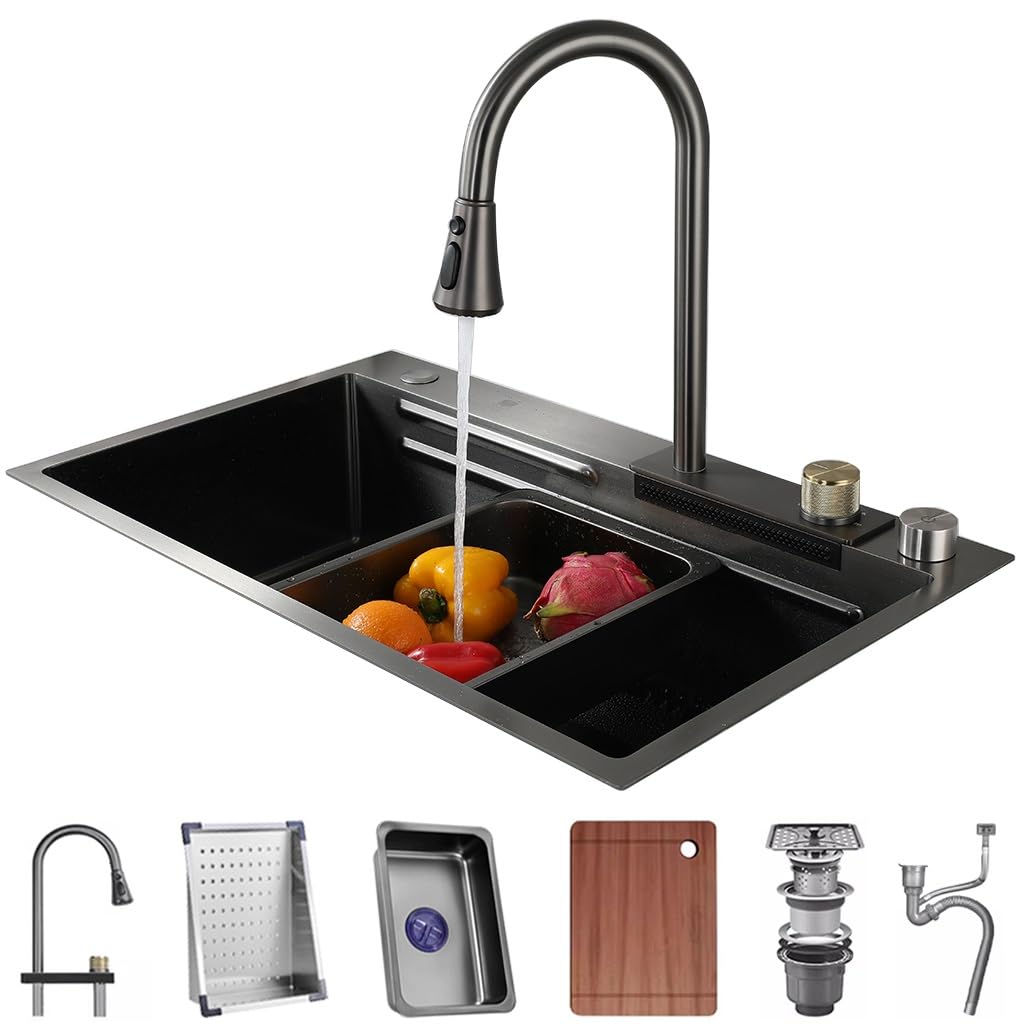 WIQUYBML Kitchen Sink Stainless Steel Waterfall With Pull Down Sprayhead Faucet Single Bowl Bar Workstation Household RV Accessories (Color : A, Size 68x45x22cm)