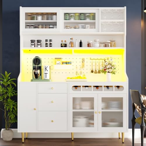 YEHTOKHOME Vaisselier Cuisine avec Éclairage LED, Buffet Haut Cuisine, Portes Coulissantes en Verre, 4 Tiroirs, Cave à Vin Coulissante, Étagères...