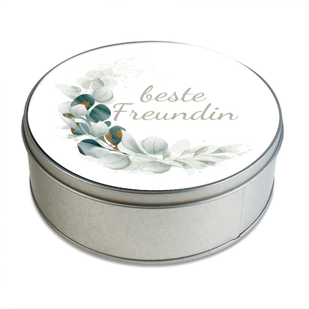 STEMPEL-FABRIK – personalisierbare runde Dose mit Name oder Wunschtext – Aquarell Motiv mit grüner Mondsichel – bedruckte Geschenkdose – ideale Keksdose, Metalldose, Plätzchendose