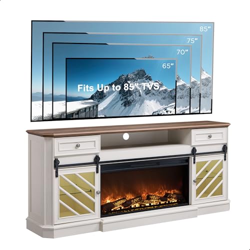 OKD-75-Fireplace-TV-Stand-for-85-Inch-TV-Farmhouse-Highboy-Entertainment-Center-with-36-Electric-Fireplace-Modern-Media-Console-Table-with-Drawers-StorageCabinets-for-Living-Room-Antique-White OKD 75 Fireplace TV Stand for 85 Inch TV Farmhouse Highboy Entertainment Center with 36 Electric Fireplace Modern Media Console Table with Drawers StorageCabinets for Living Room Antique White