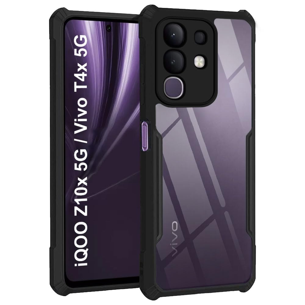 TheGiftKart ShockProof Crystal Clear Back Cover Case for iQOO Z10x 5G / Vivo T4x 5G | 360 Degree Protection | Protective Design | Transparent Cover for iQOO Z10x / Vivo T4x 5G (PC & TPU, Black Bumper)